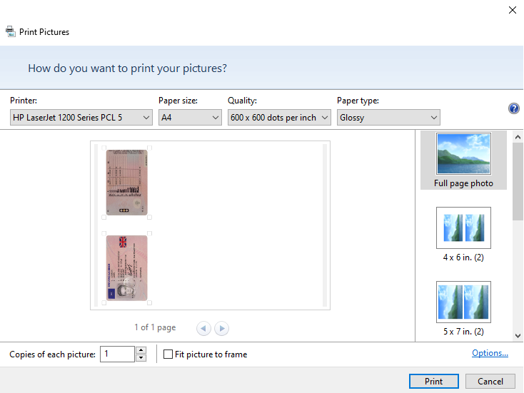 Print settings configuration dialog